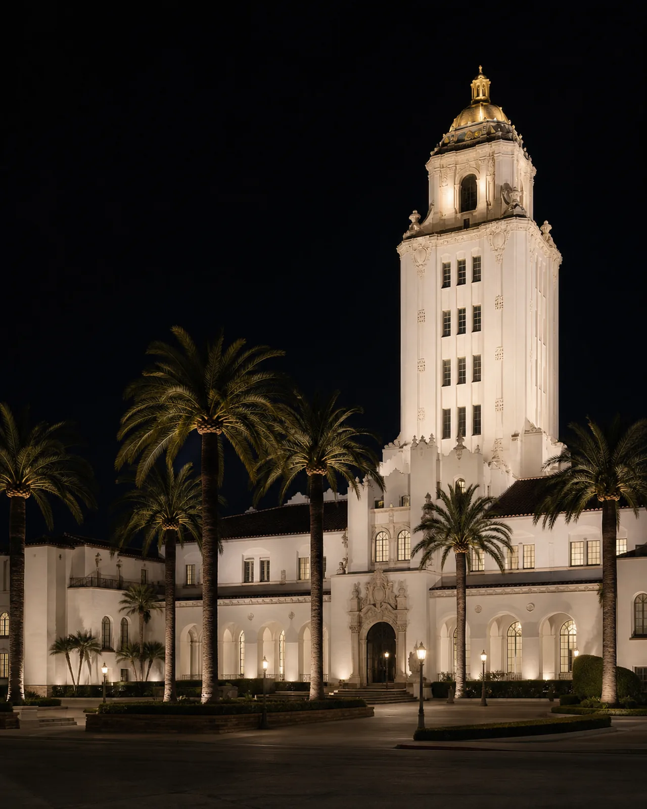 Beverly Hills City Hall and its palm-lined civic forecourt illuminated at blue hour.