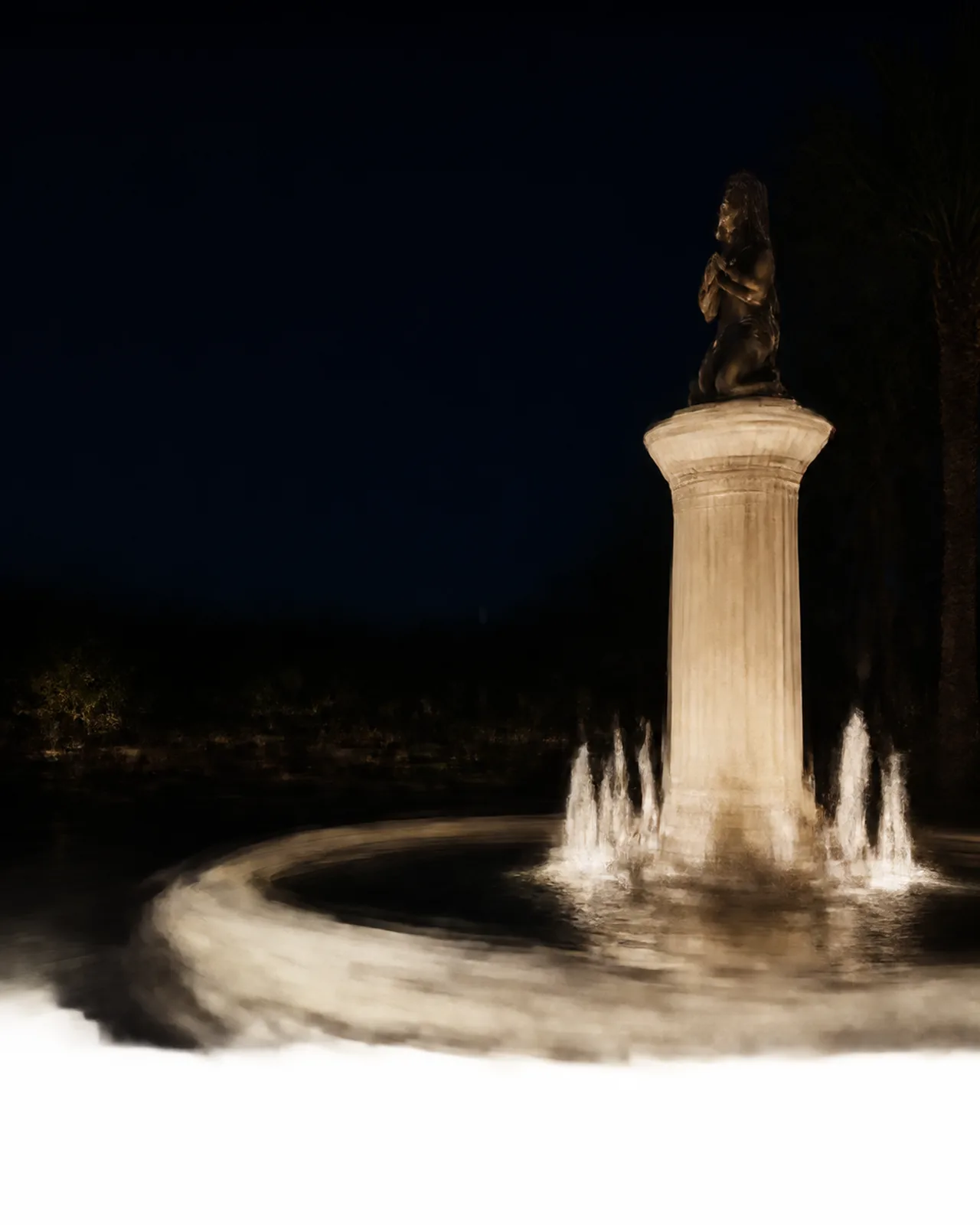 The Electric Fountain's kneeling bronze figure and circular basin framed by palms at blue hour.