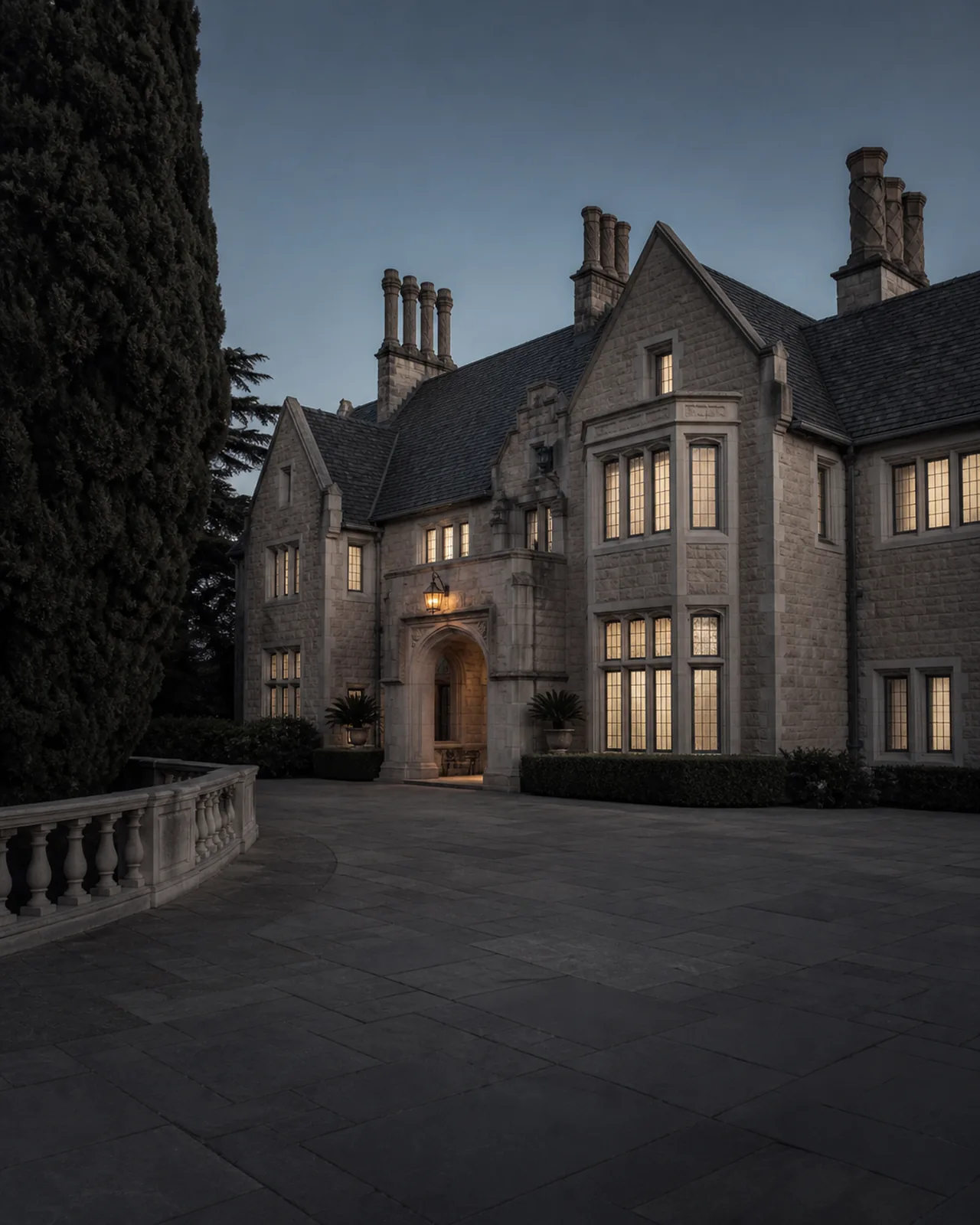 Greystone Mansion's Tudor Revival facade and empty stone motor court at dusk.