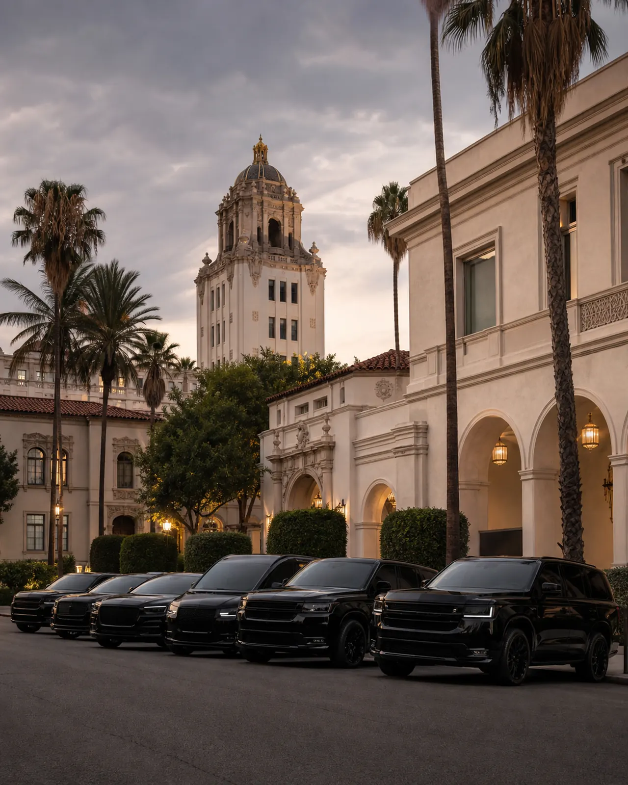 Six near-black vehicles lined up near Beverly Hills City Hall