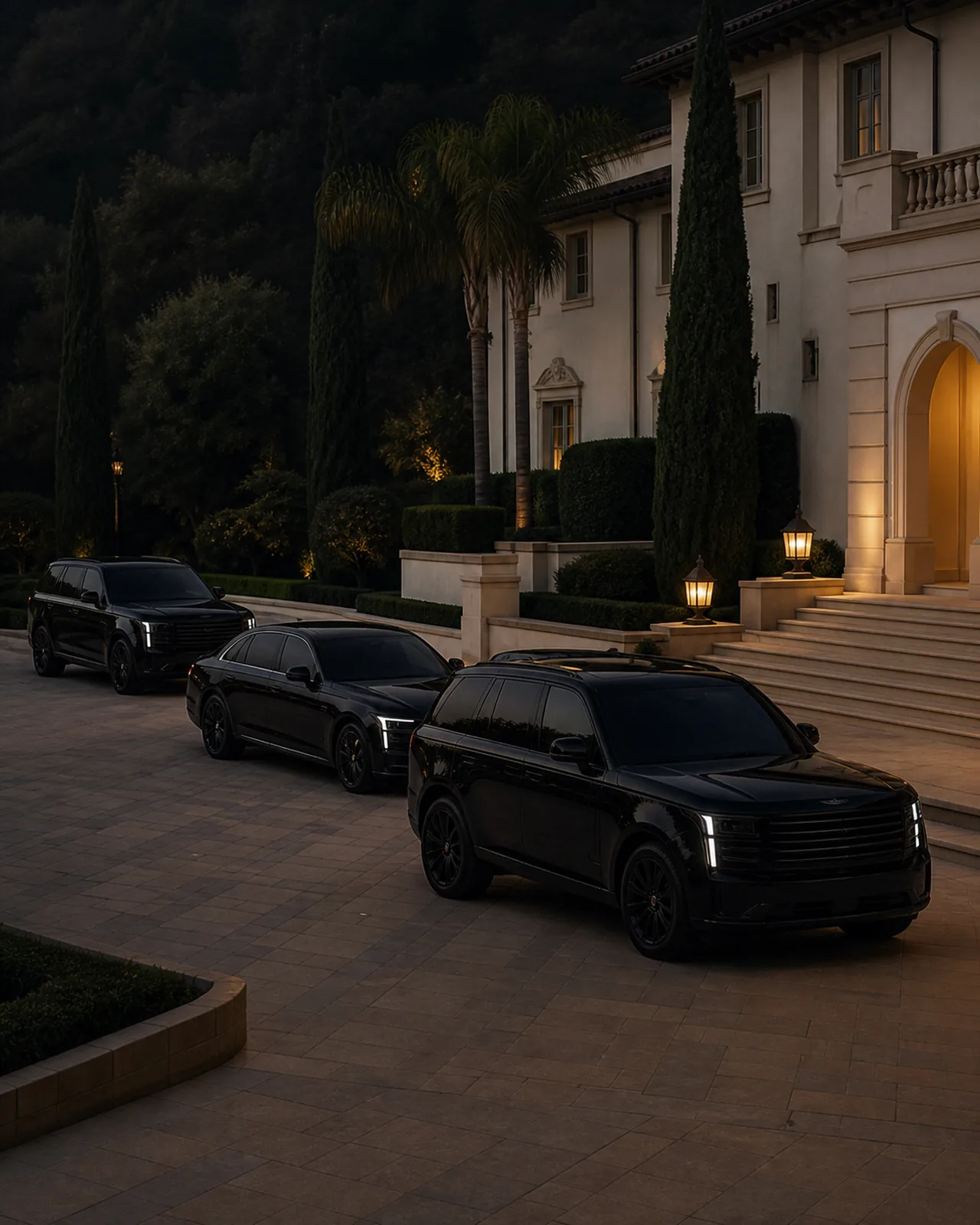 Three executive vehicles arranged at the Greystone Mansion arrival court