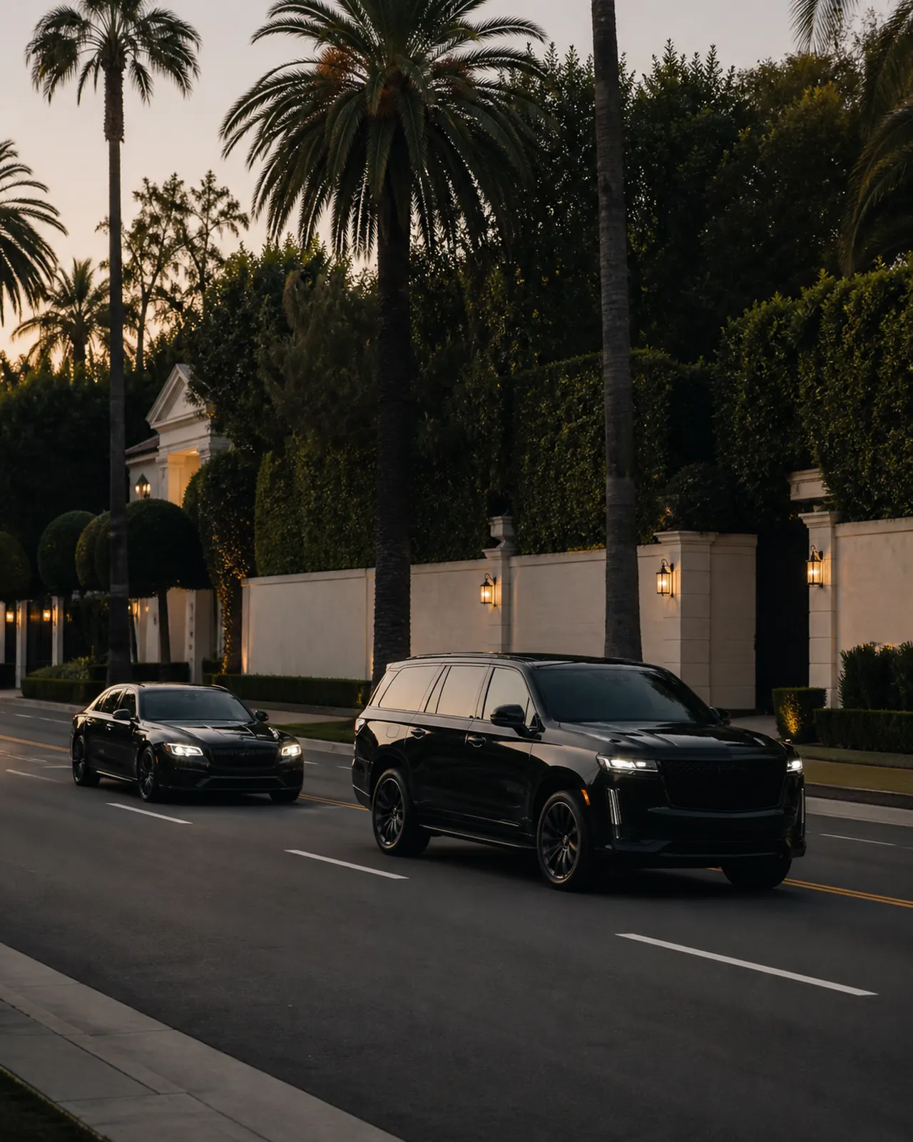 Two executive vehicles traveling along palm-lined Sunset Boulevard in Beverly Hills