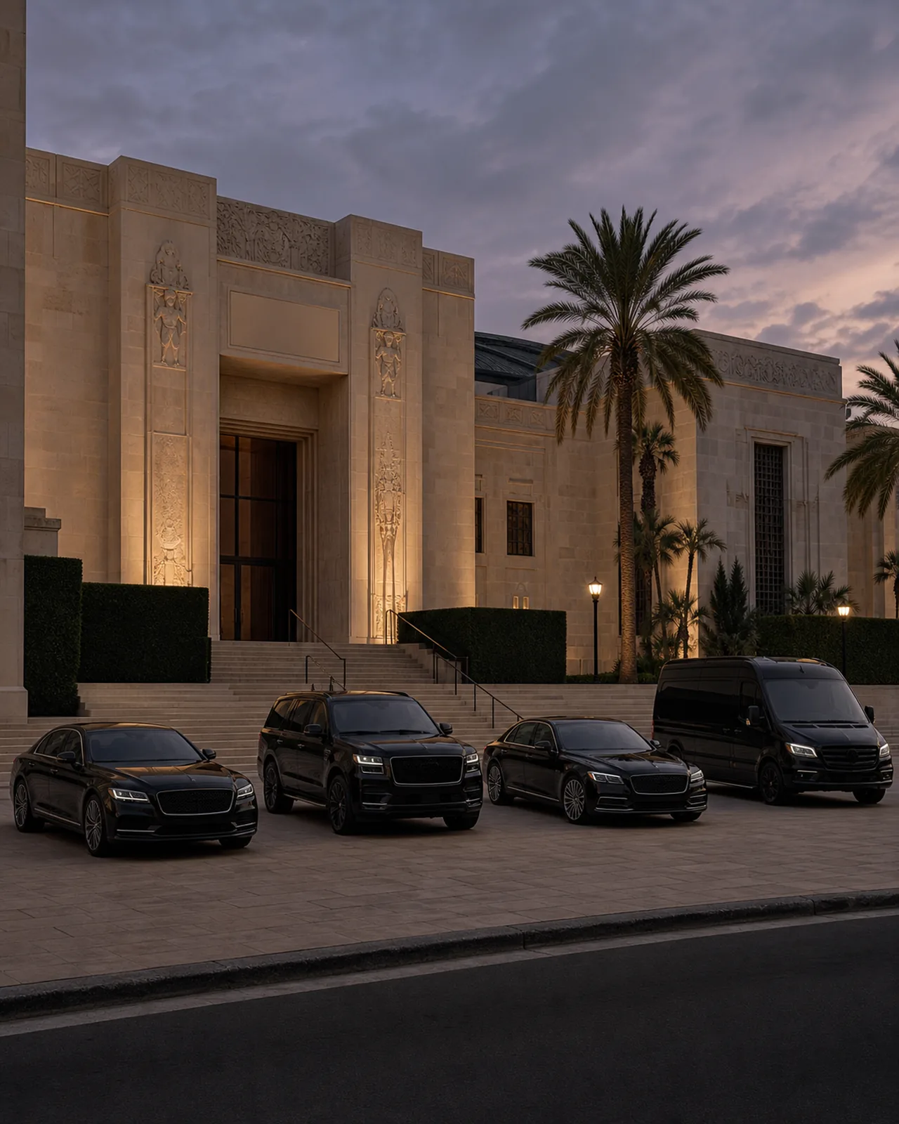 Four near-black vehicles in an arc before the Wallis Annenberg Center