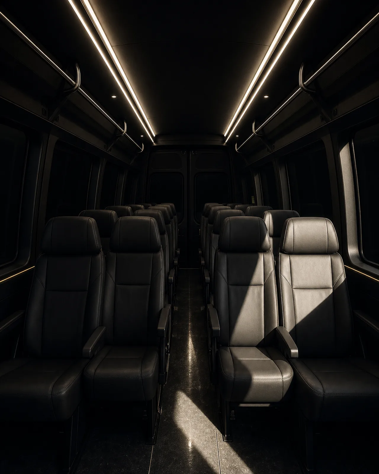 Sunlight crosses the aisle and front seats of a high-roof passenger van, rows of black leather seating receding toward the rear doors.