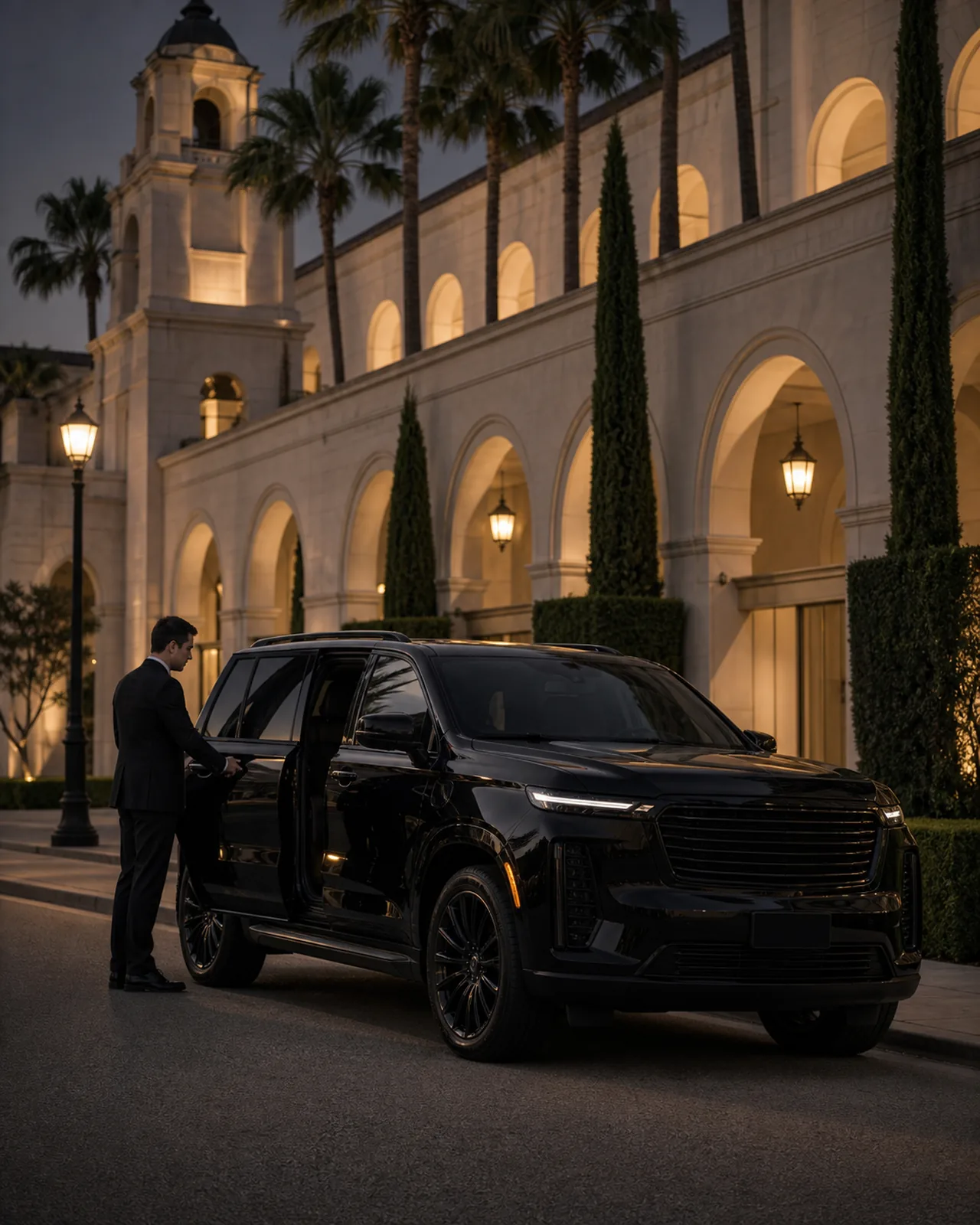 Chauffeur opening an executive SUV near Beverly Hills City Hall