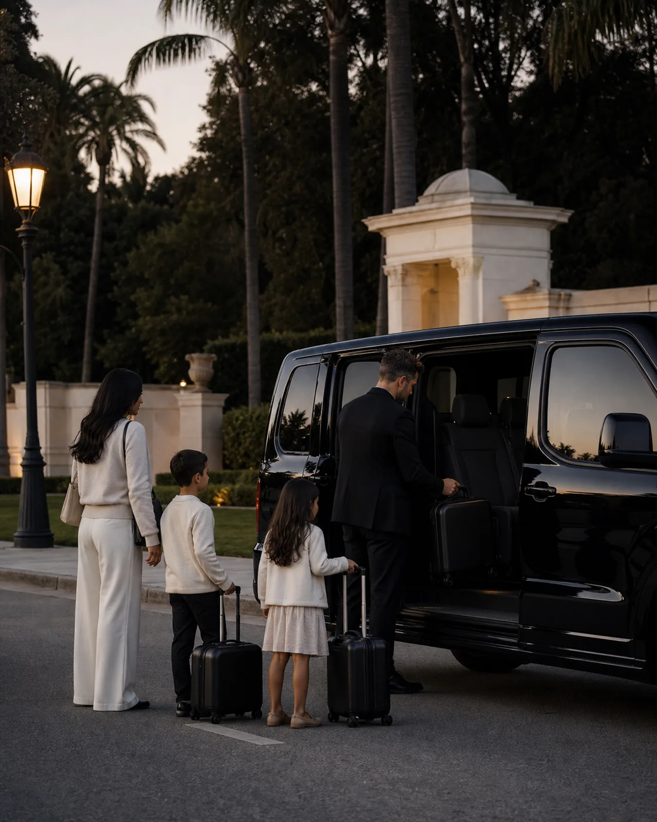Family loading luggage beside the palms of Beverly Gardens Park