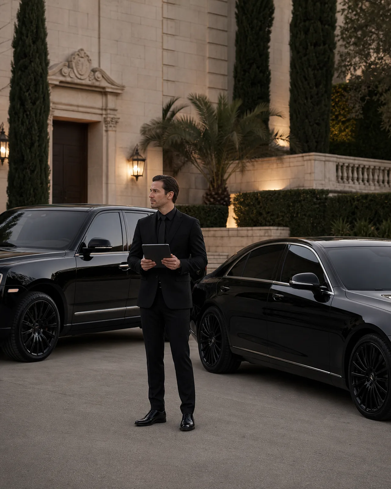 Operations coordinator with a tablet at a landscaped Beverly Hills arrival drive