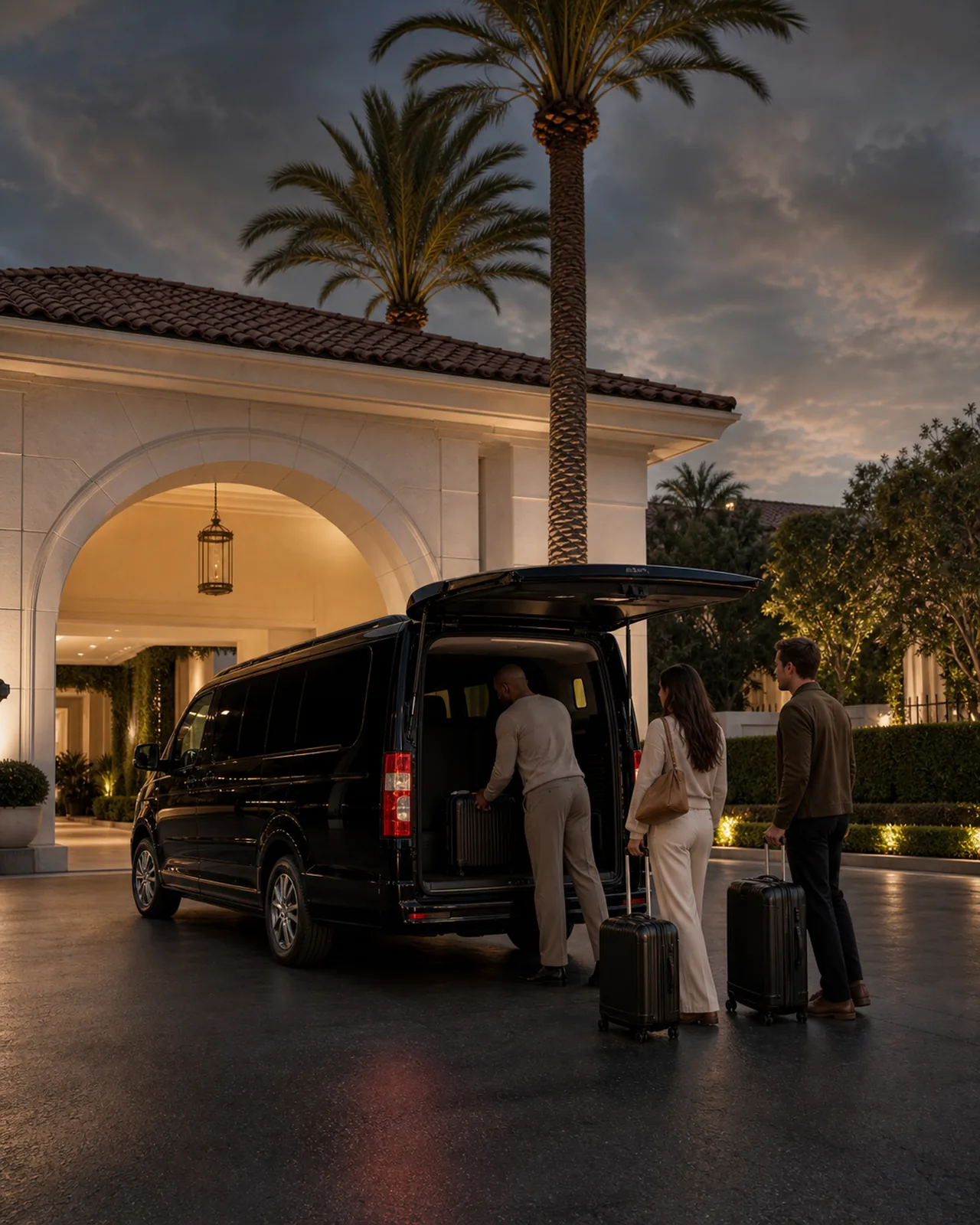 Travelers loading an executive van at a palm-lined Beverly Hills arrival court