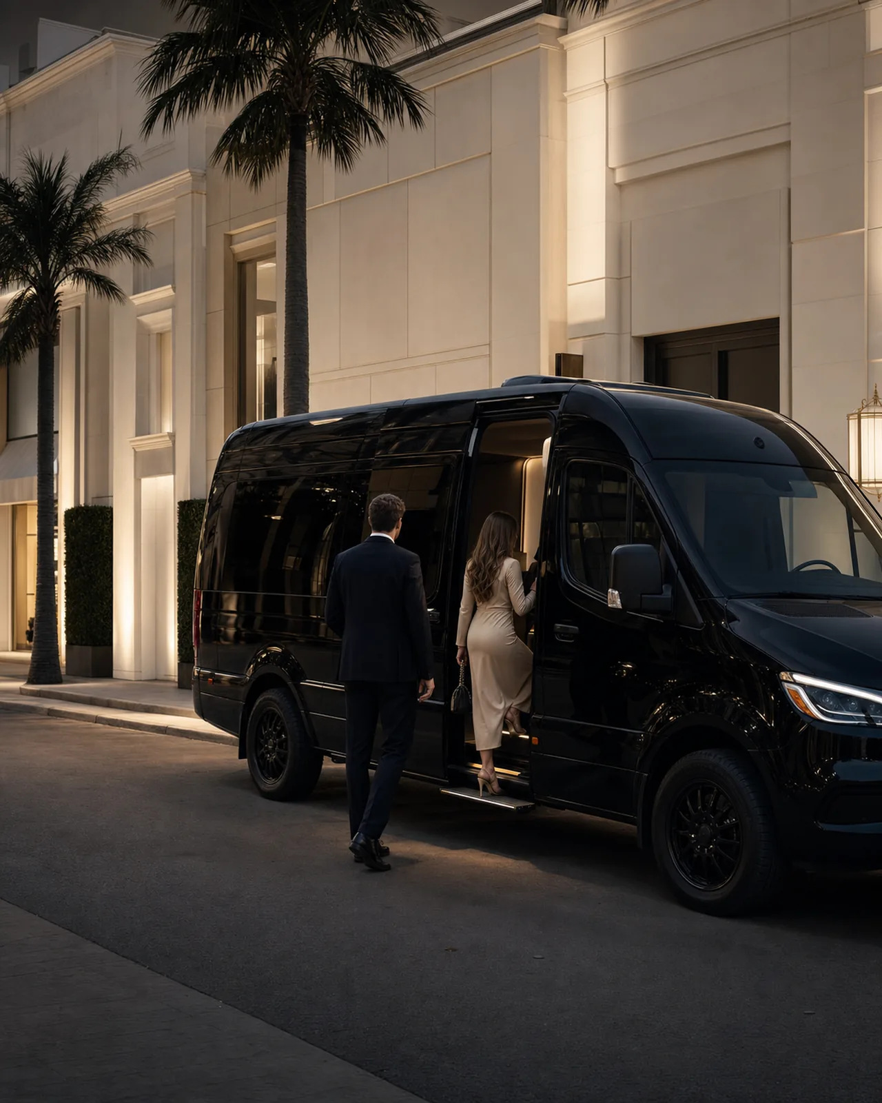 Evening guests boarding a minibus on an elegant Beverly Hills street