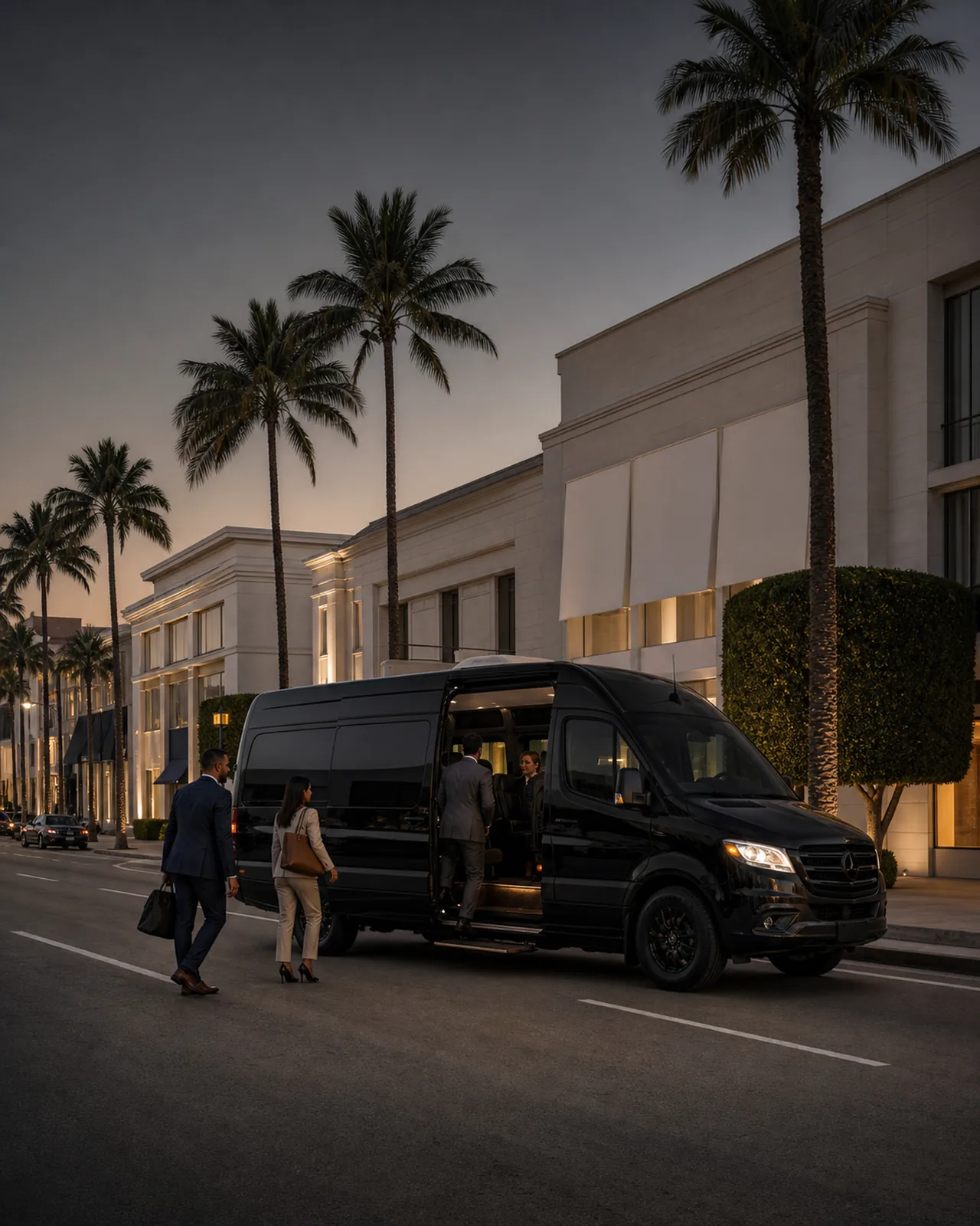 Commuters boarding a passenger van on Wilshire Boulevard in Beverly Hills