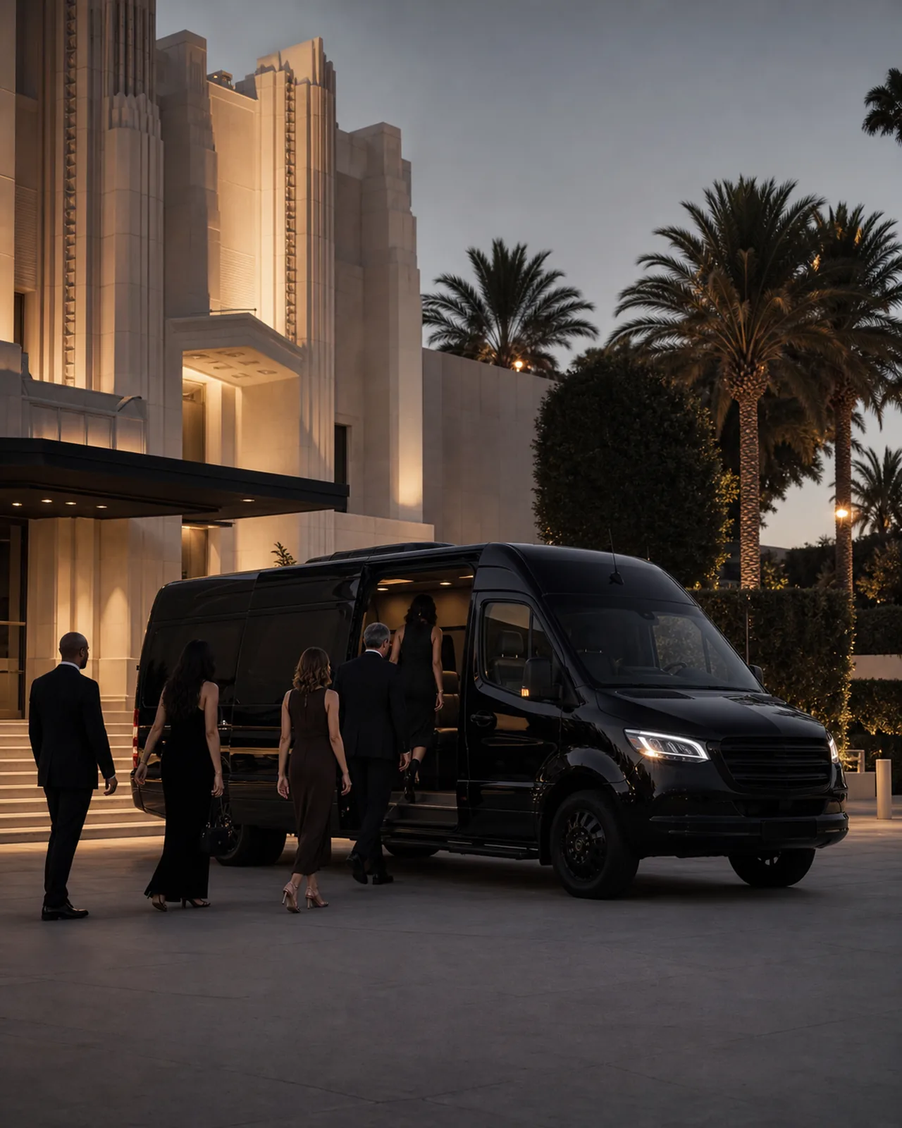Event guests boarding a minibus before the Wallis Annenberg Center