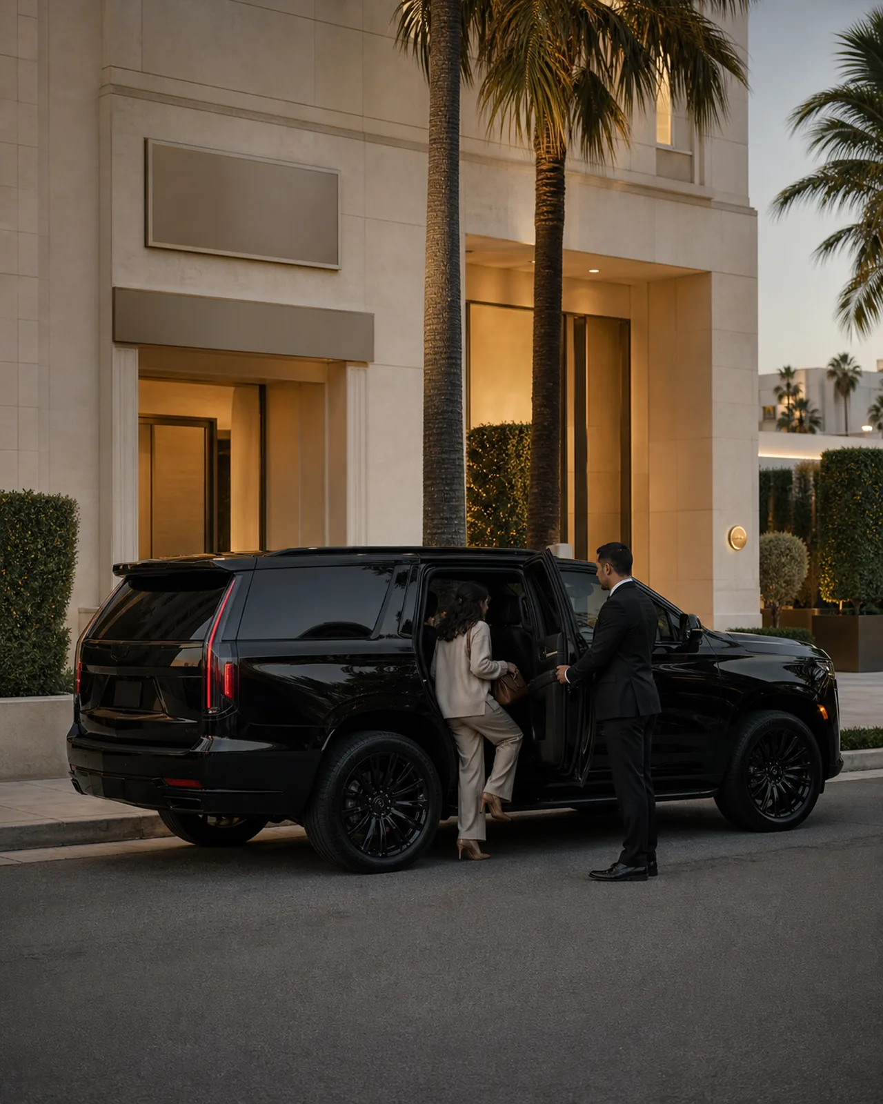 Passenger receiving assistance into an SUV at a Beverly Hills medical-office entrance