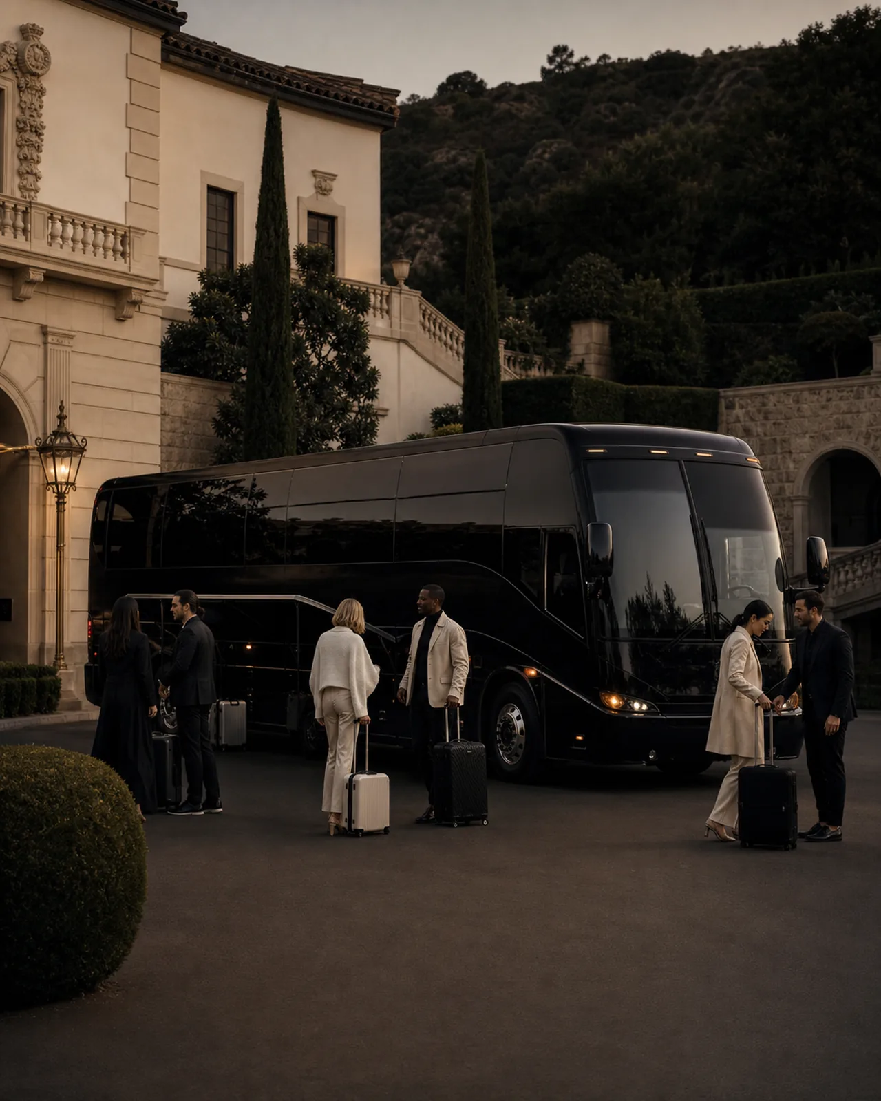 Travelers preparing to depart by motorcoach from the Greystone Mansion lower drive