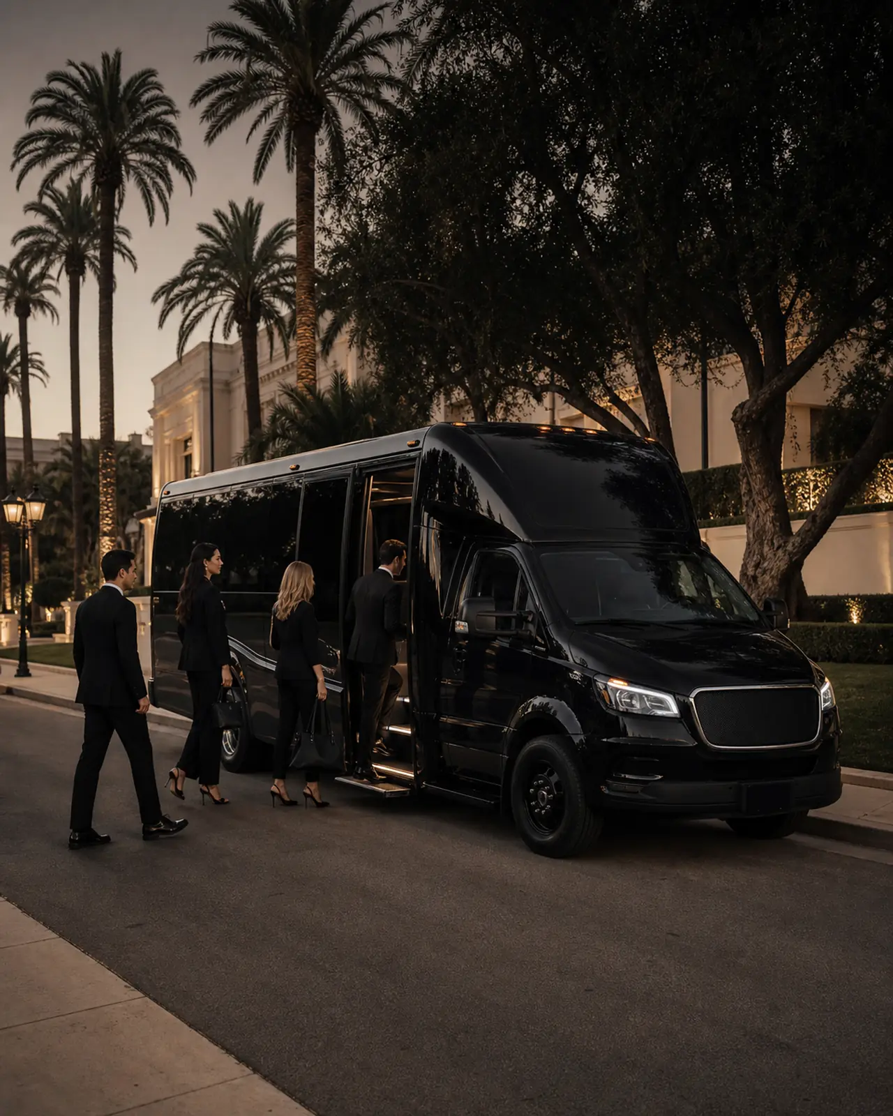 Private group boarding a minibus beside Beverly Gardens Park