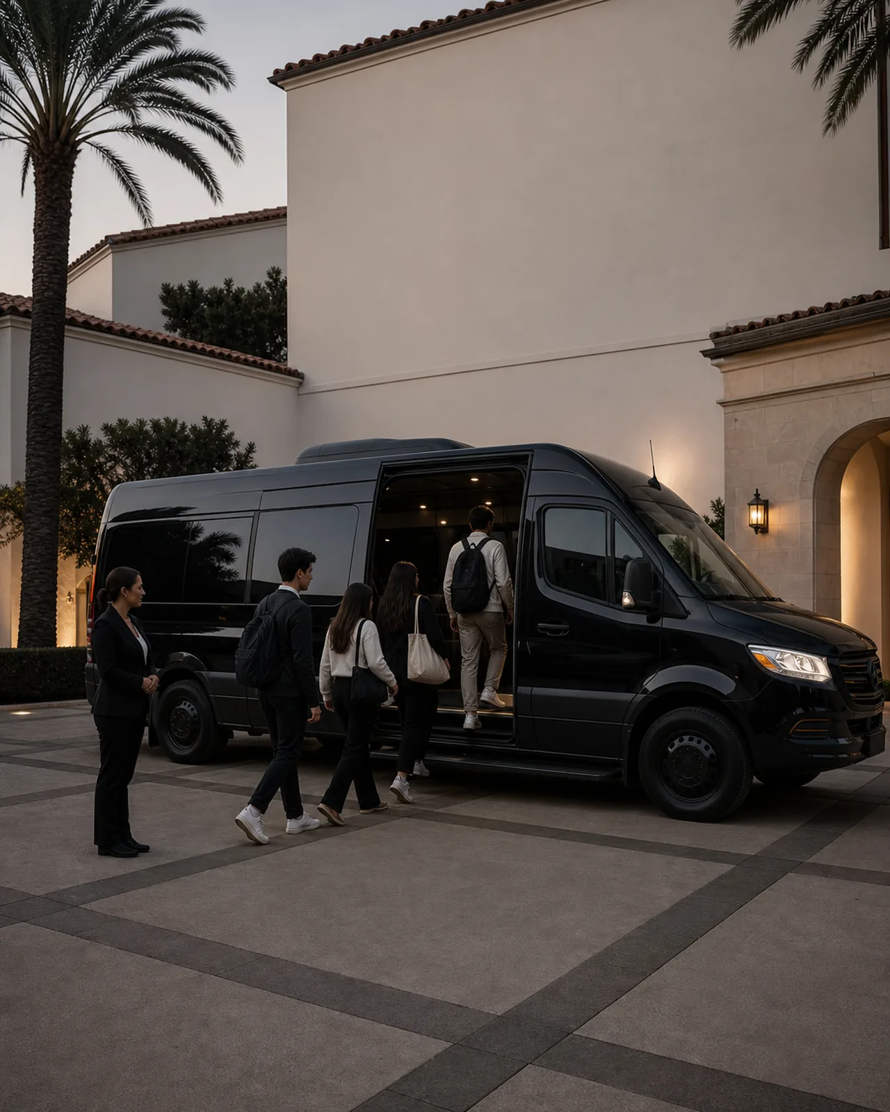 Supervised students boarding a minibus in a palm-lined Beverly Hills courtyard