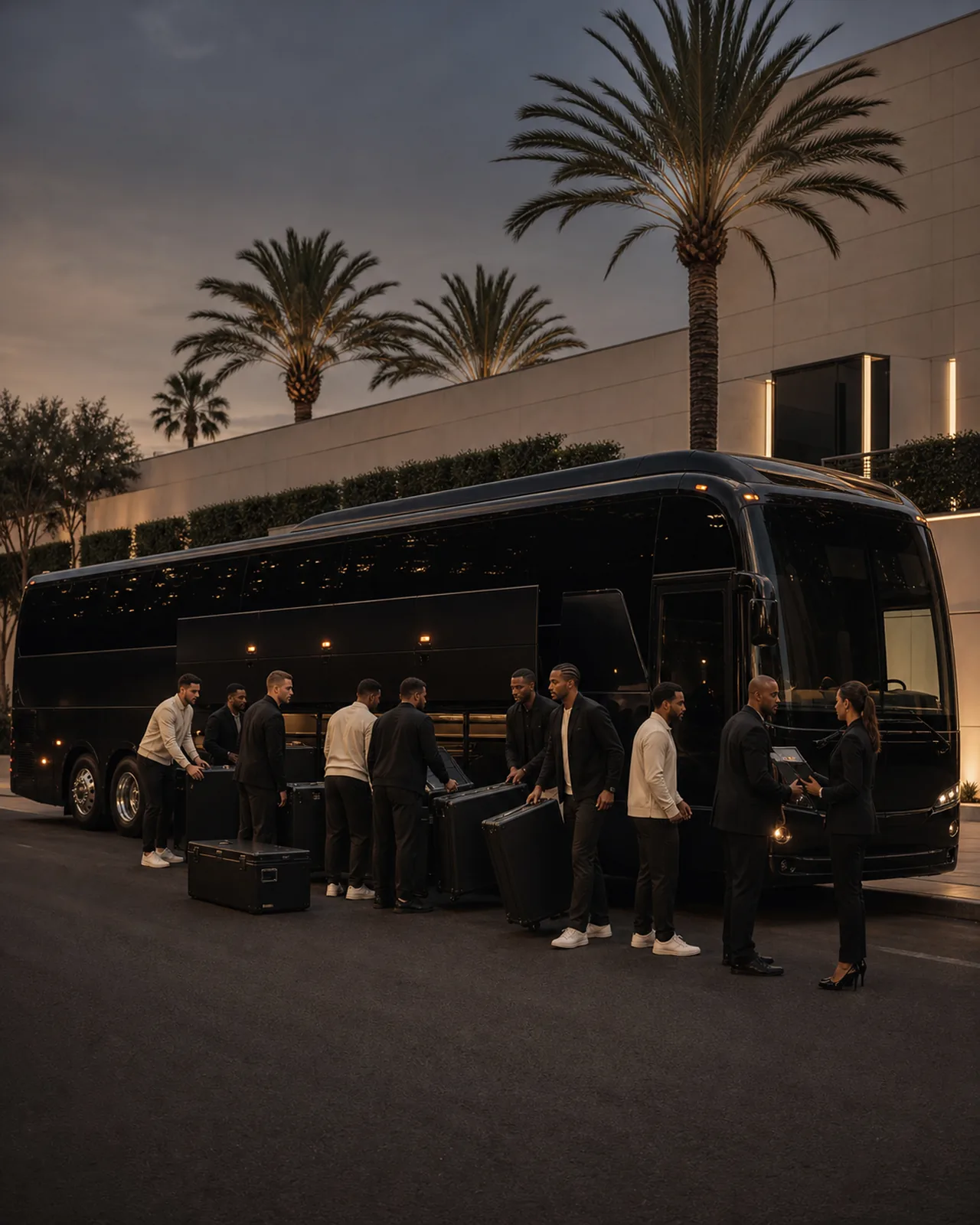 Adult athletics team loading equipment into a motorcoach in Beverly Hills