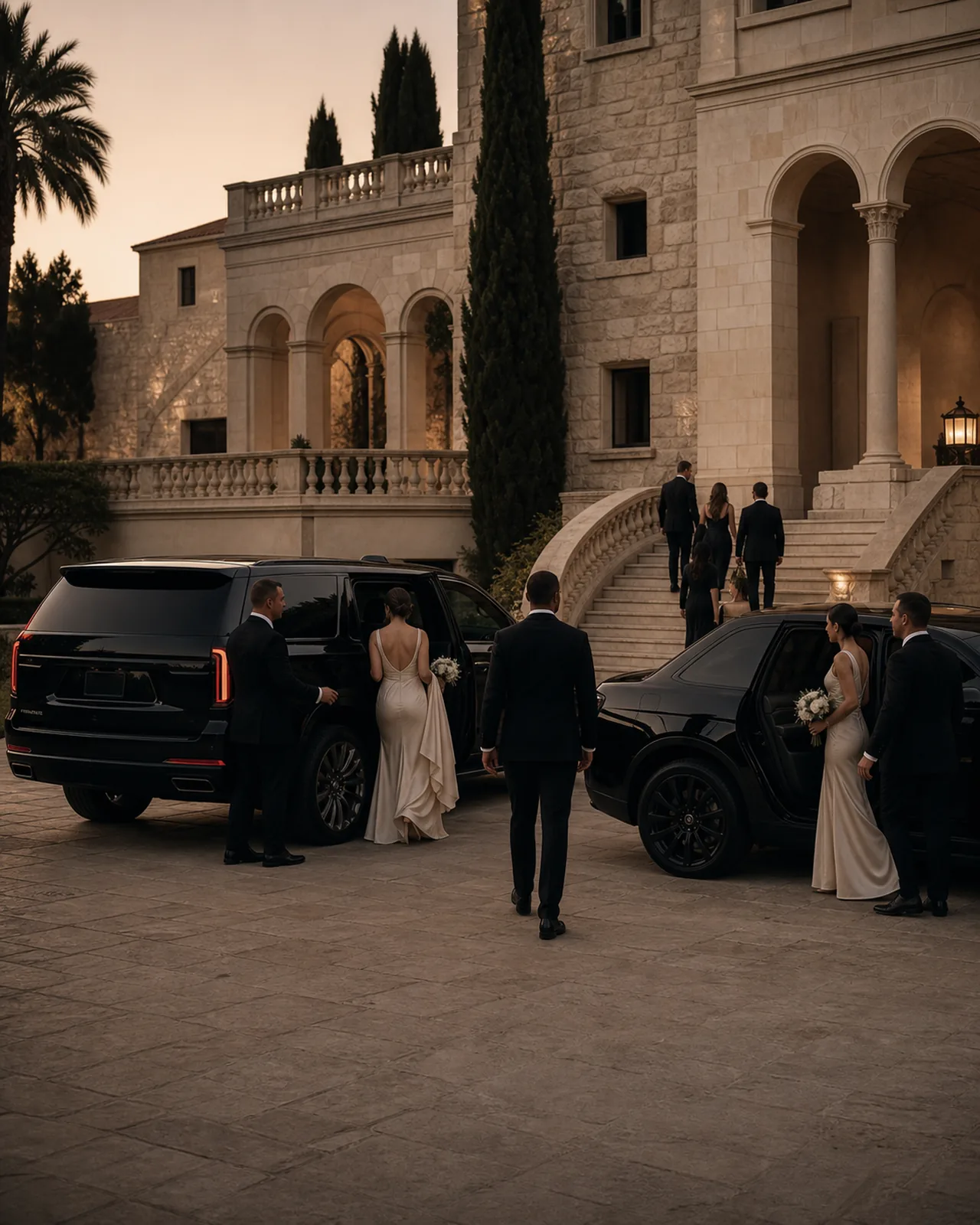 Wedding party boarding executive vehicles at the Greystone Mansion courtyard